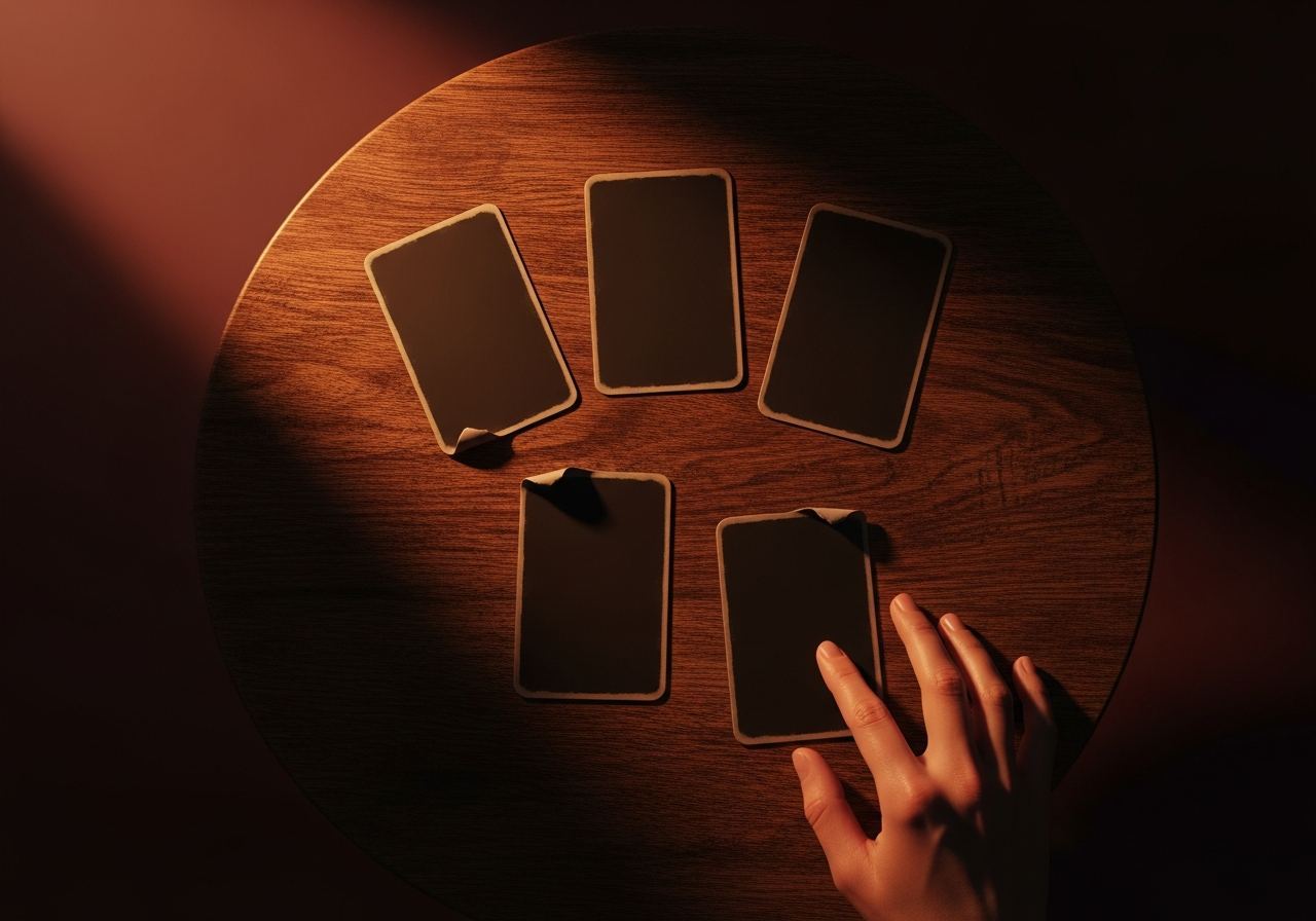 Tirada de cartas en mesa de madera con iluminación cálida