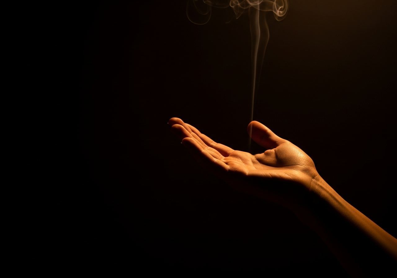 Mano abierta bajo luz cálida con humo de incienso